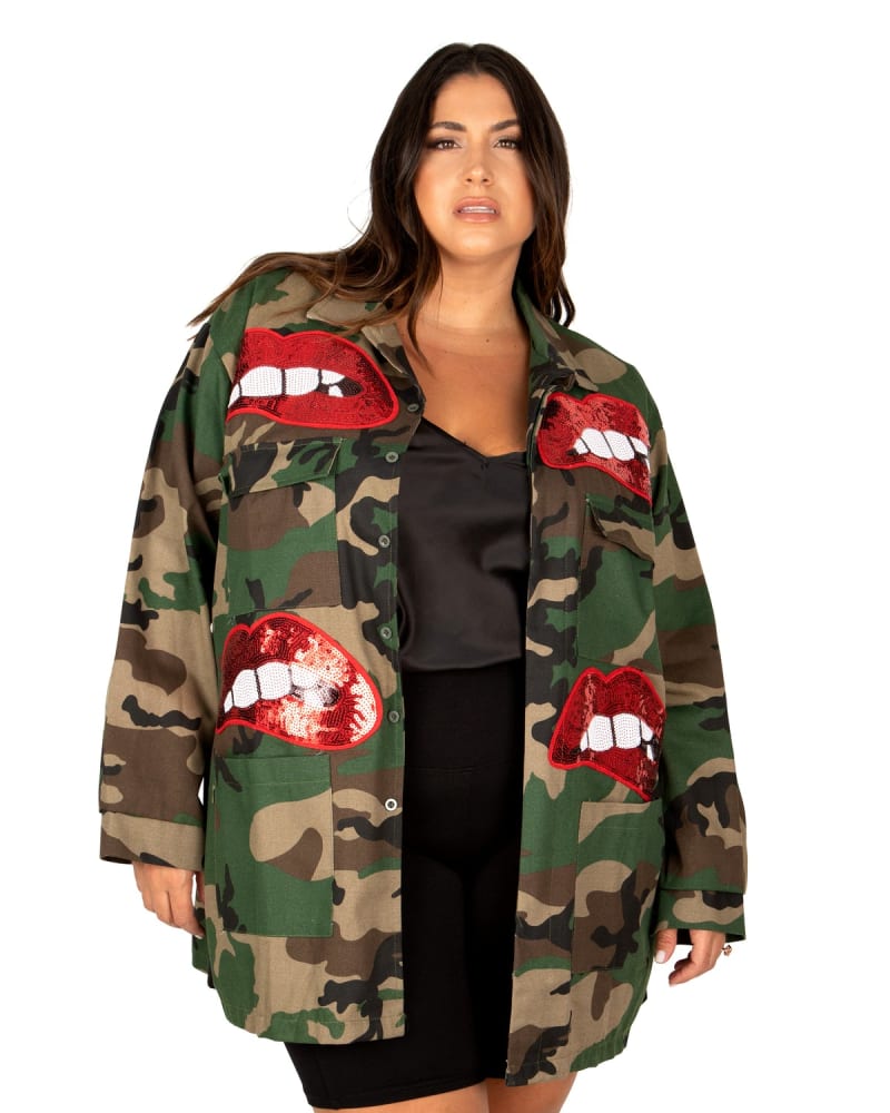 Front of a model wearing a size 1X The Radar - Camo Jacket in Camouflage by Sante Grace. | dia_product_style_image_id:237562